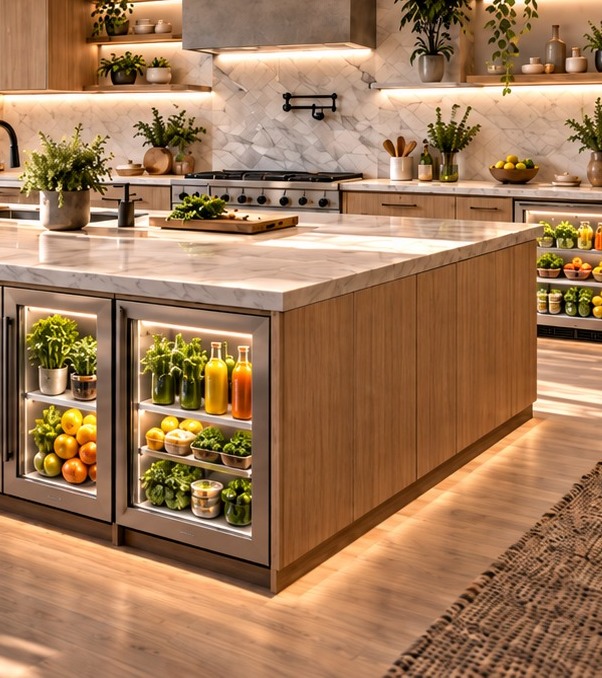 Flush induction cooktop with exterior-vented range hood in a Serenova kitchen
