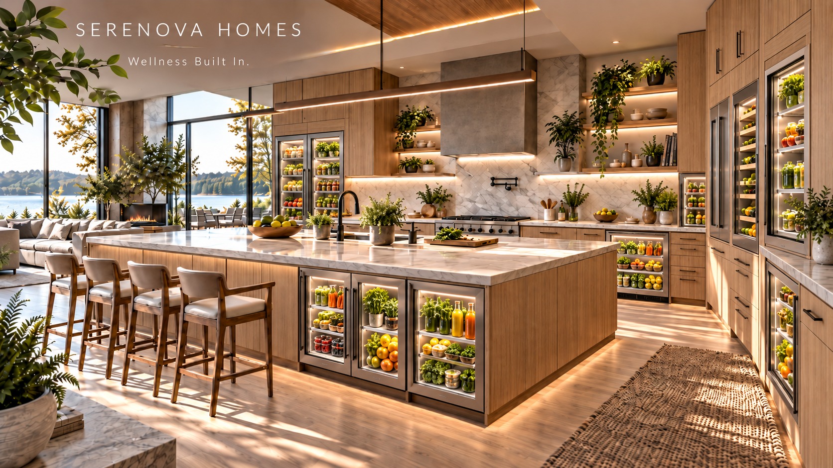Serenova wellness kitchen with glass-front refrigeration