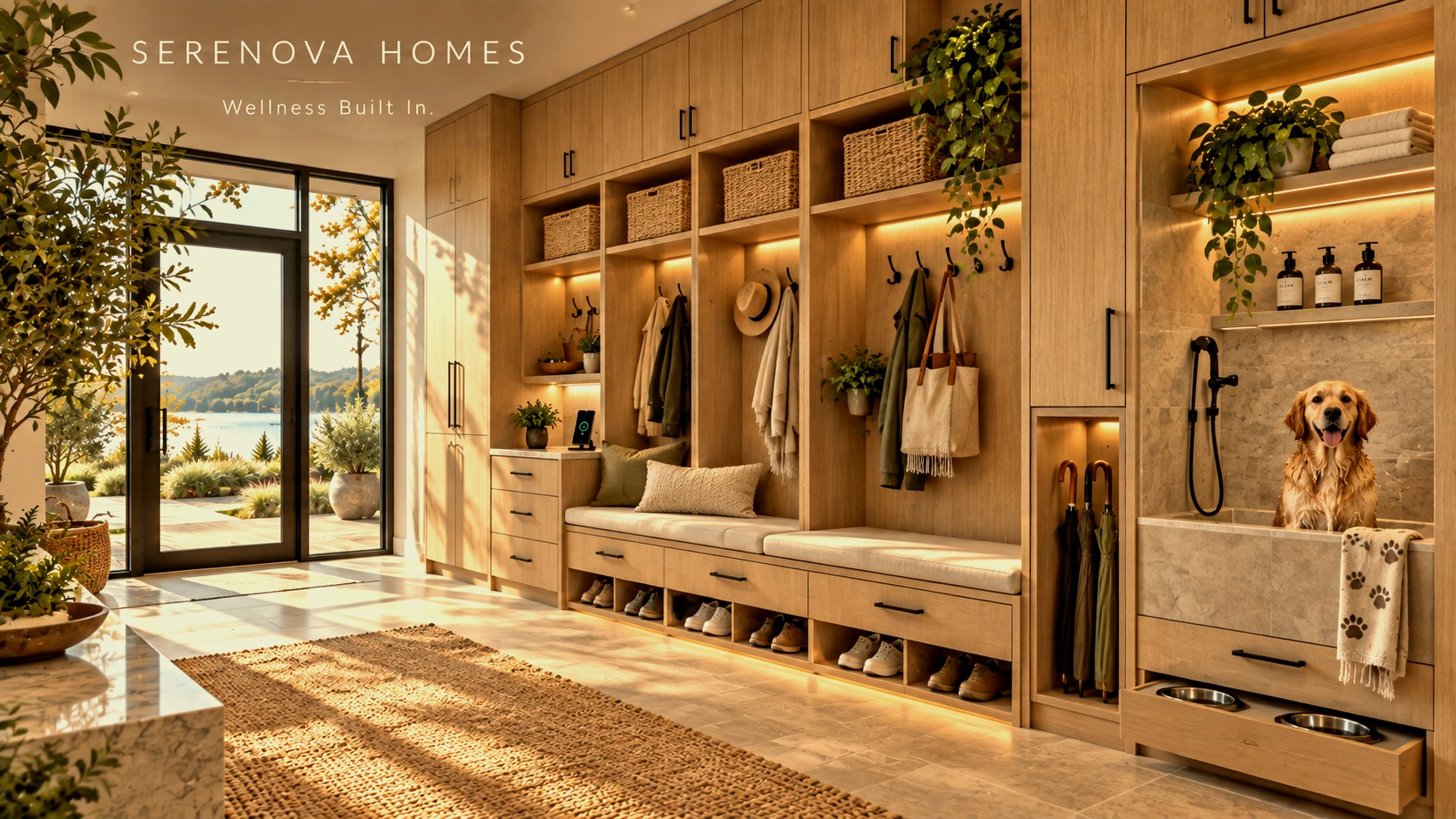 Mudroom with coat storage, bench seating and a built-in pet washing station