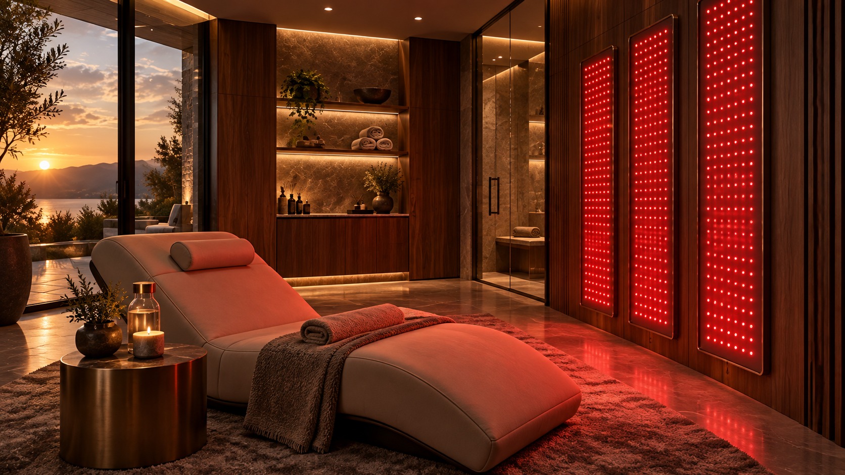 Red-light therapy panels beside a recovery lounge chair