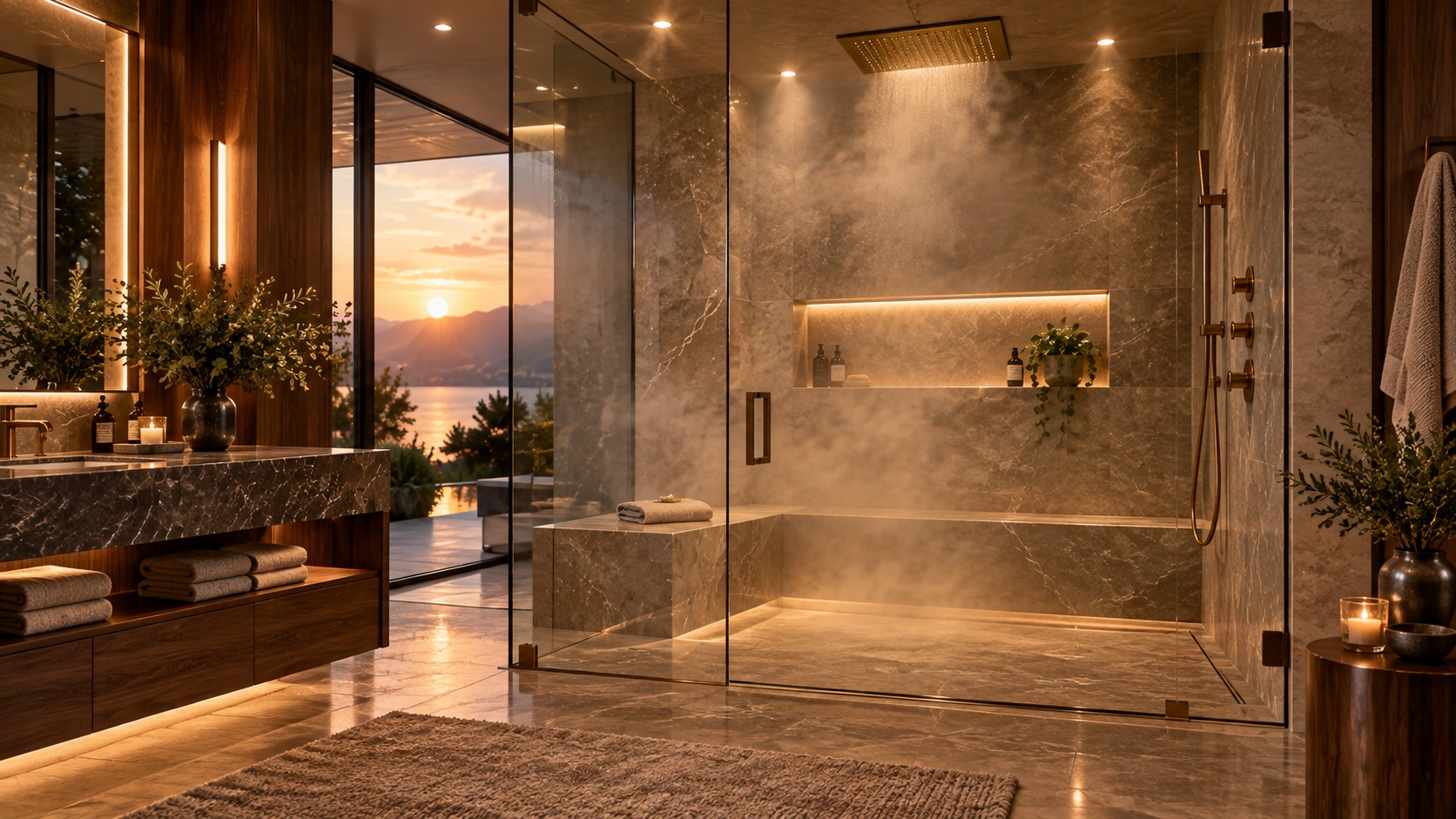 Marble steam shower with rain head, at sunset