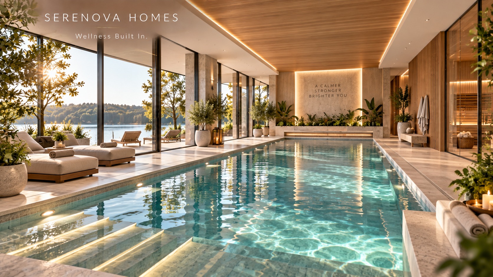 Indoor heated saltwater lap pool with lake view