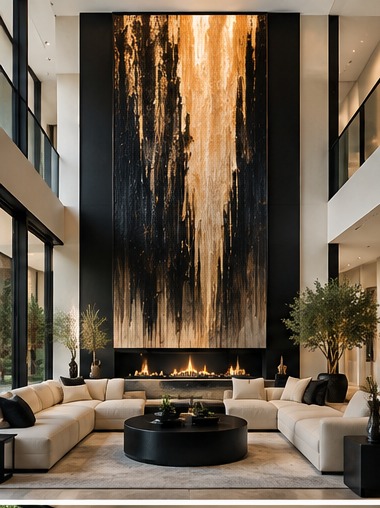 Large-scale black and gold abstract artwork above a fireplace, double-height living room