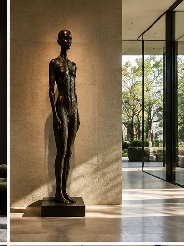 Bronze figurative sculpture on a plinth near an entry