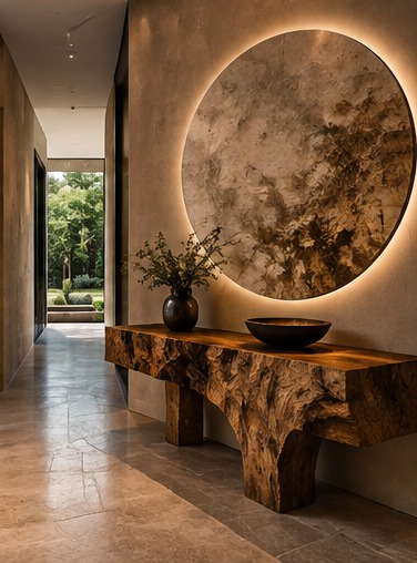 Circular backlit textural artwork above a live-edge wood console
