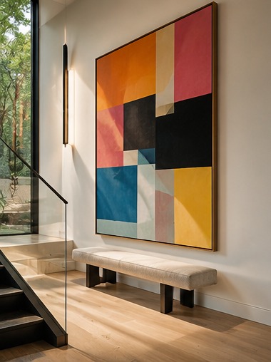 Large-scale color-block geometric painting beside a staircase