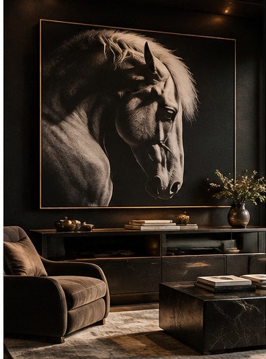 Black and white horse portrait photography above a media console