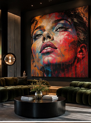 Large-scale colorful pop-art style painting in a lounge