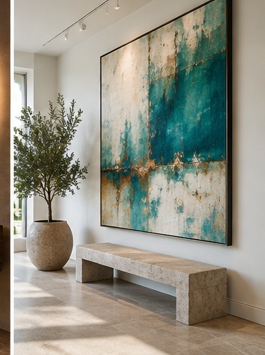Large-scale teal and gold abstract artwork above an entry bench