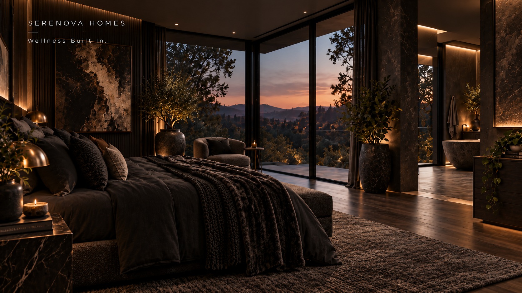 Bedroom in a dark, moody finish palette