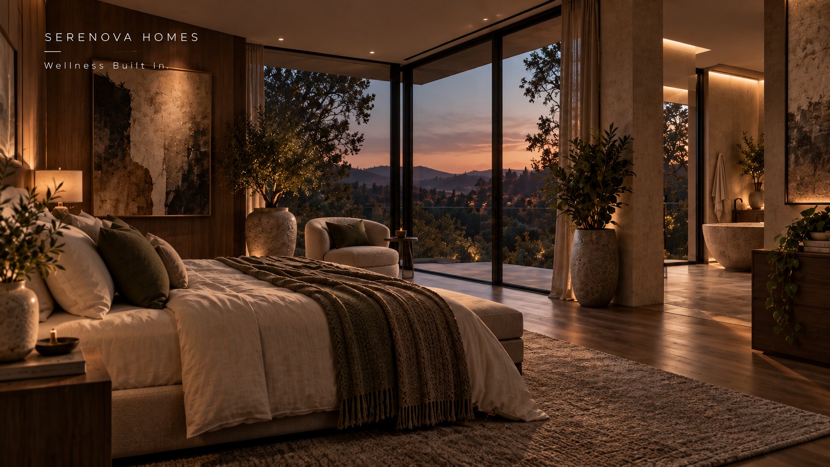 A calming, restrained warm color palette in a Serenova bedroom