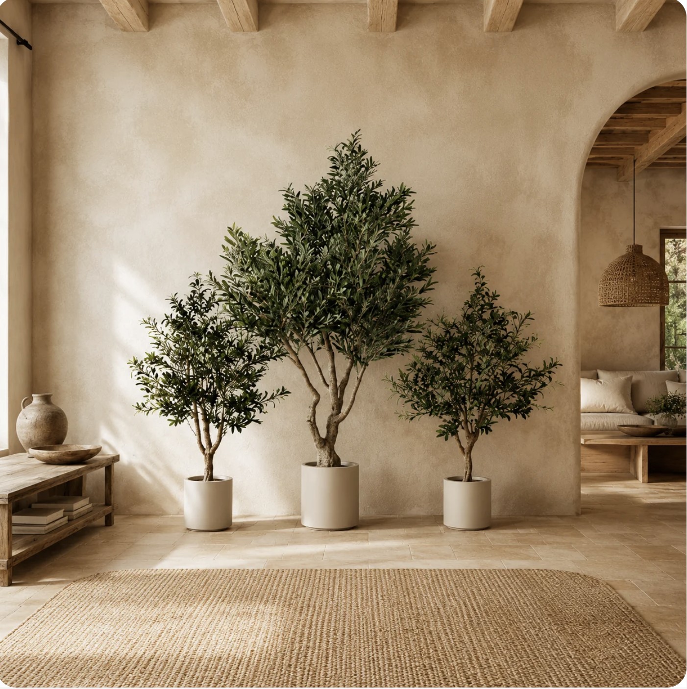 Olive trees in ceramic planters against a Mediterranean plaster entryway