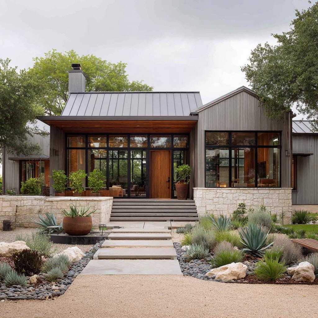 Single-story metal-clad cottage with covered entry and stone accents