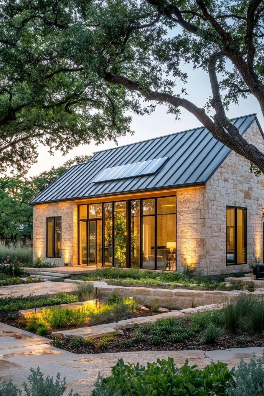 Single-story stone cottage with solar roof panels among oak trees