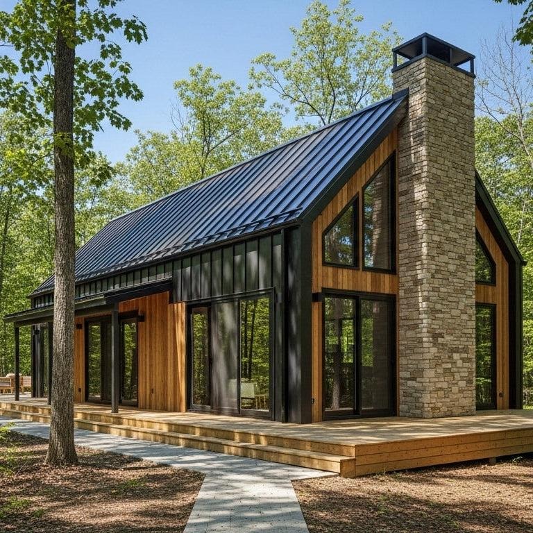 Small forest cabin with stone chimney and cedar siding