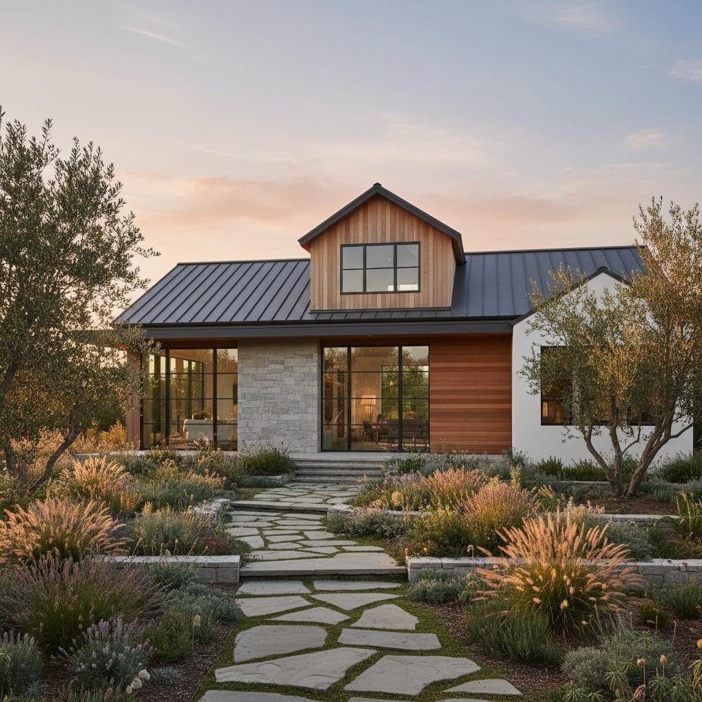 Small stone and wood cottage at sunset with native landscaping