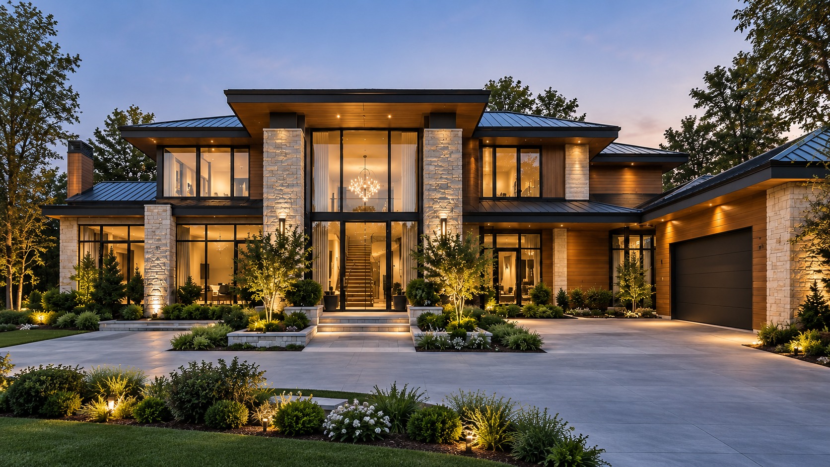 A finished Serenova residence at dusk in stone and warm wood