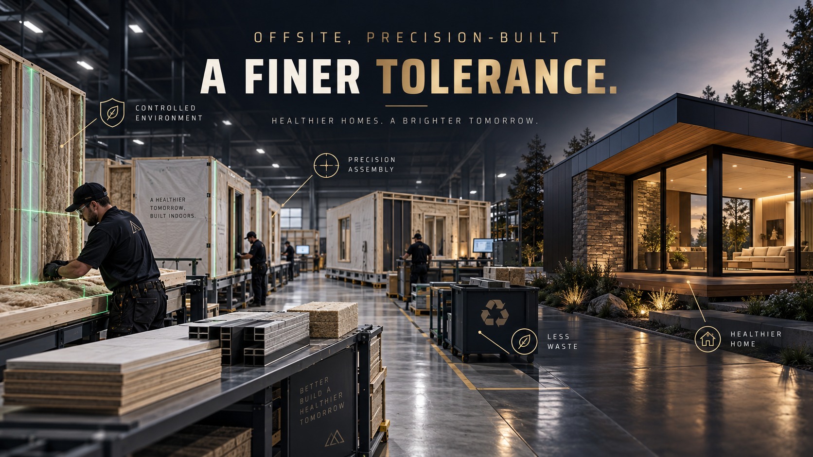 Offsite, precision-built construction — controlled factory environment, precision assembly, less waste, healthier home