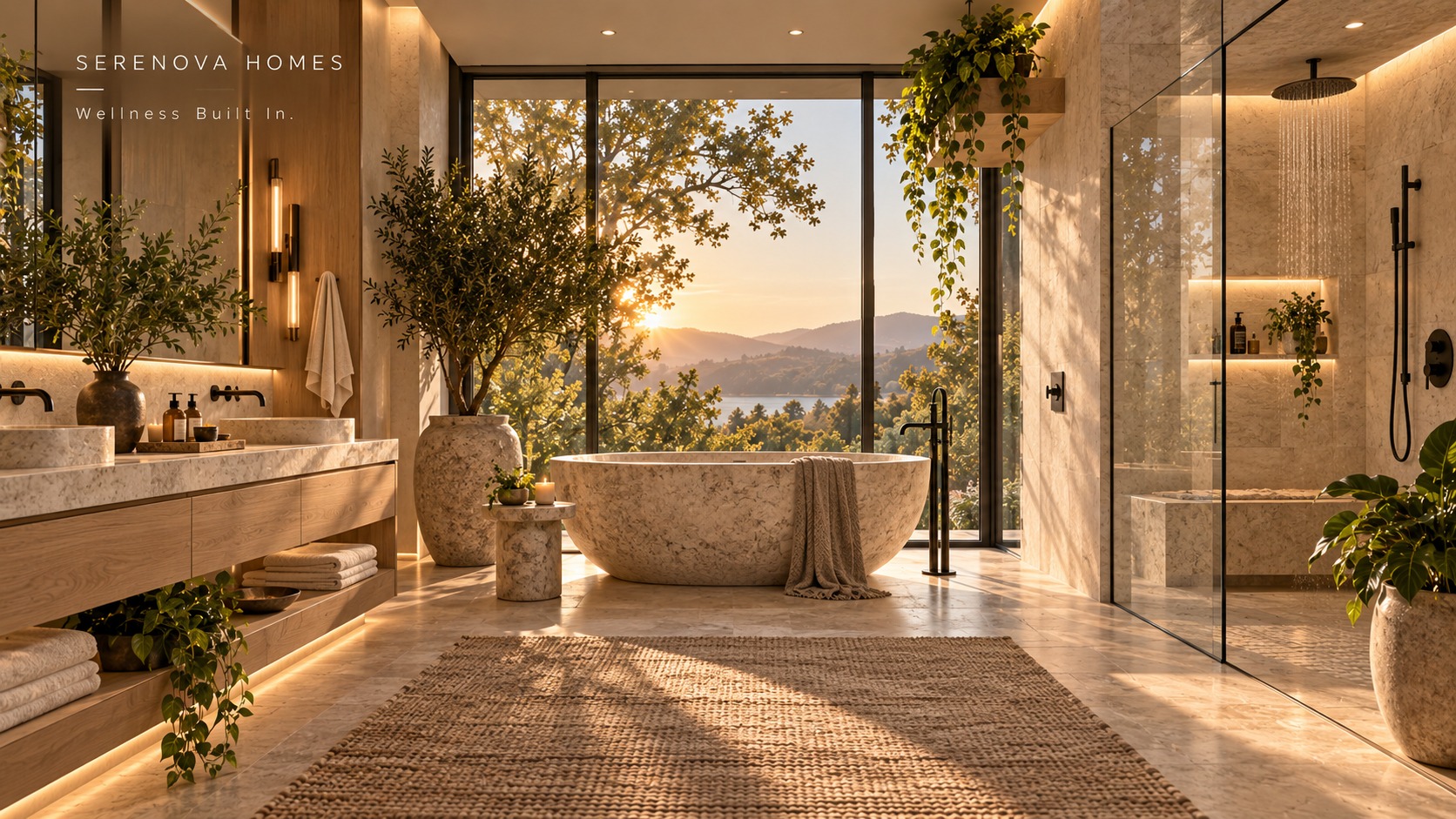 Bathroom with freestanding stone tub, living wall and lake view