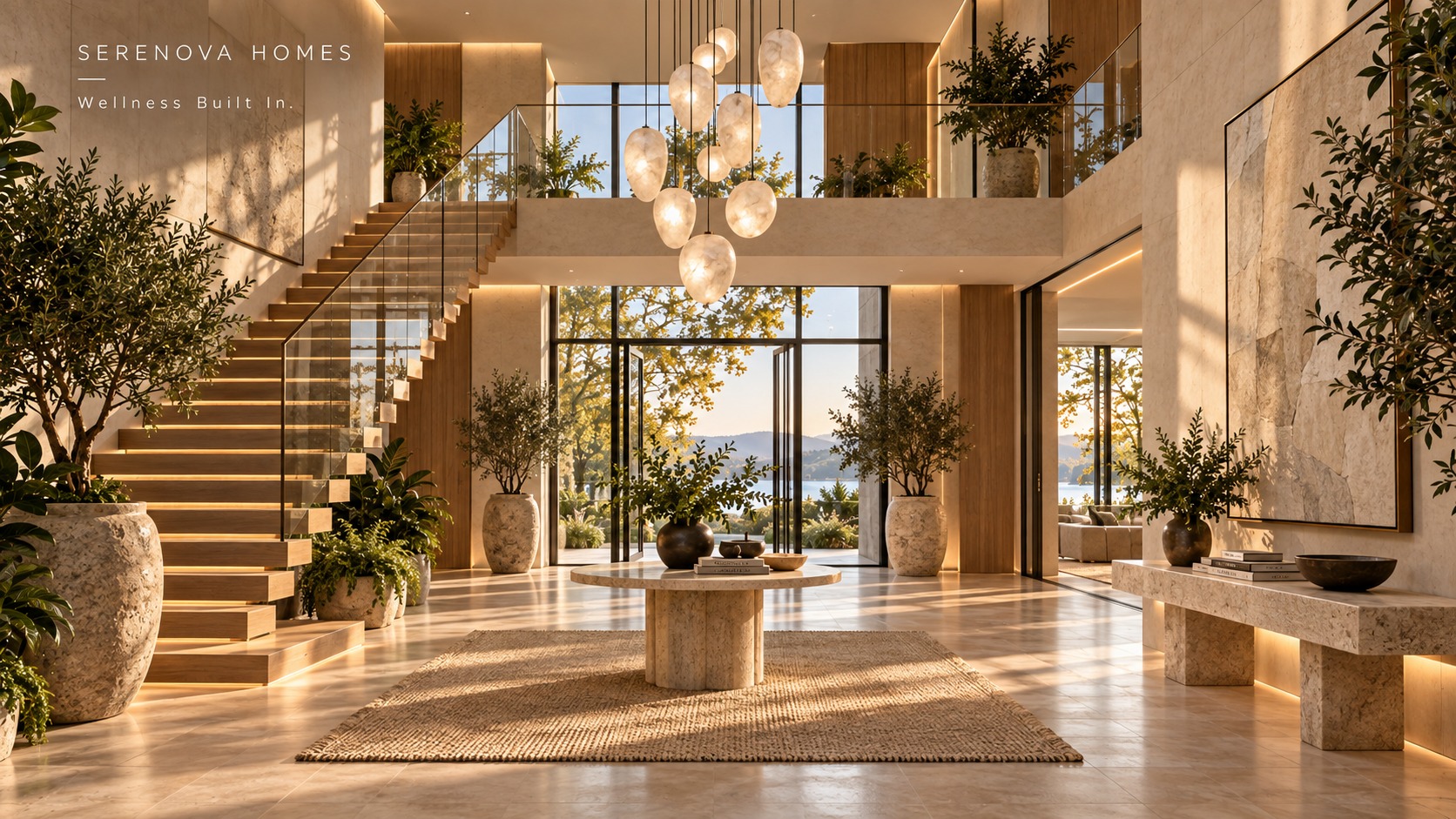 Double-height entry hall with staircase, natural stone and real plants