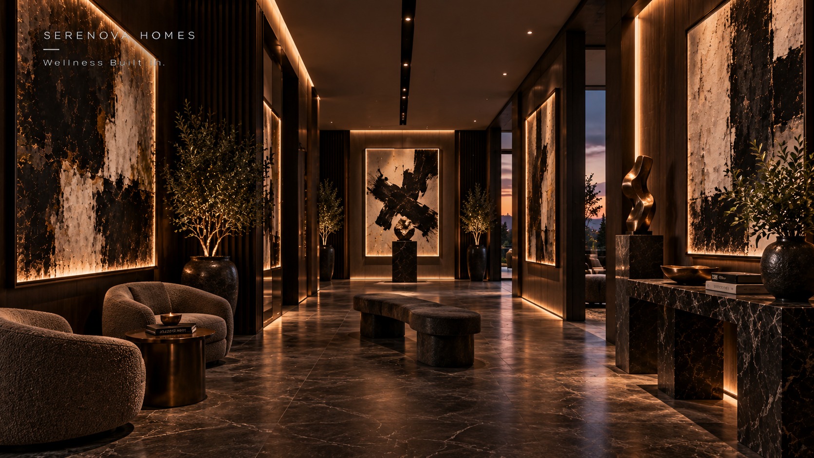 Dark marble entry hall with warm architectural lighting, a Serenova interior detail
