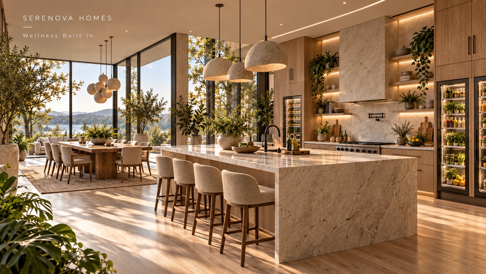 Kitchen and dining space in natural stone and oak, filled with real plants