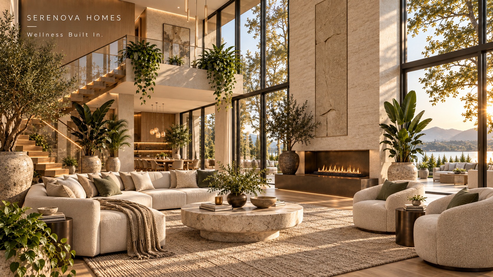Warm Serenova living space with fireplace and lake view