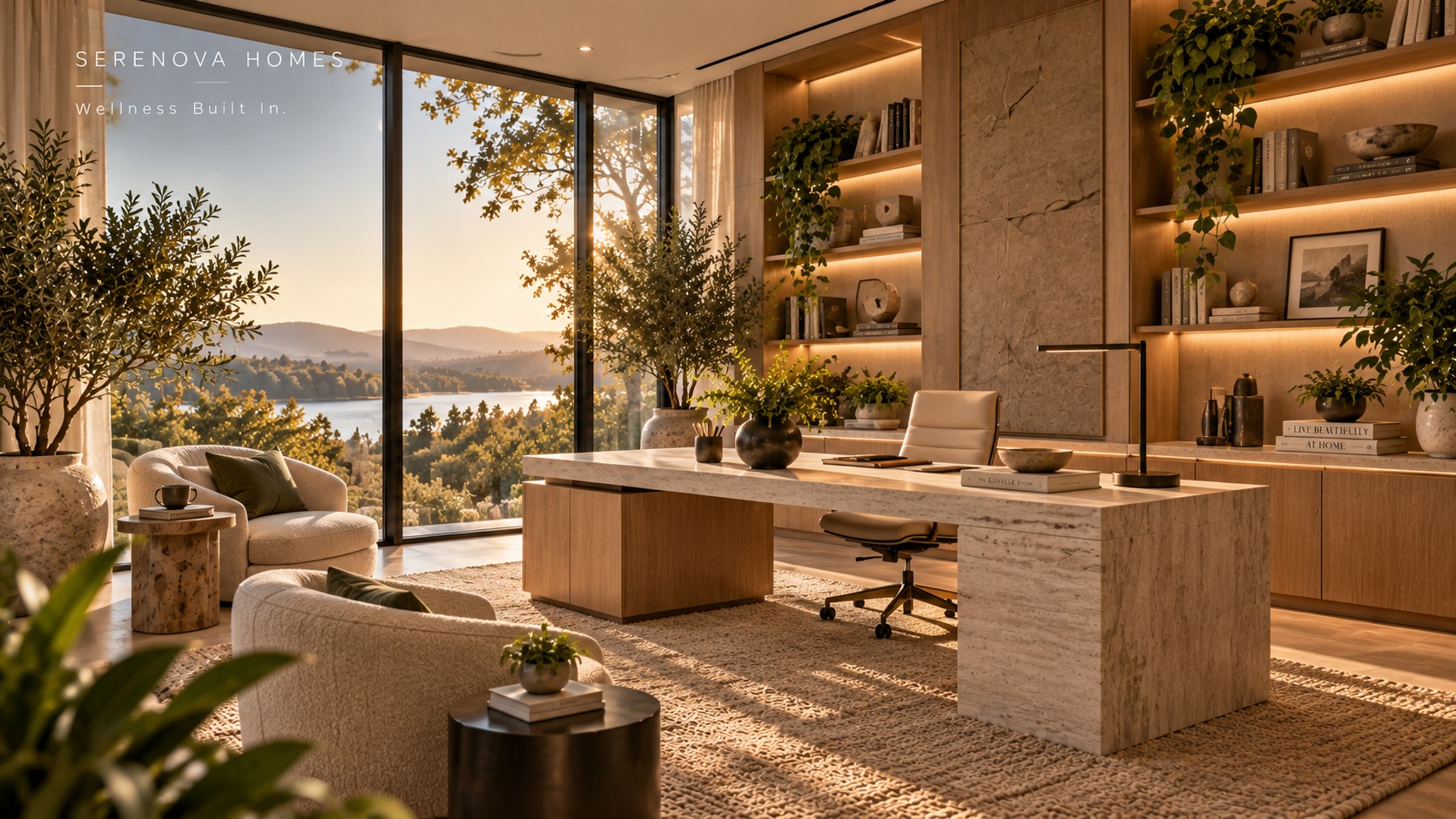 Home office with stone desk, built-in shelving and lake view, filled with real plants