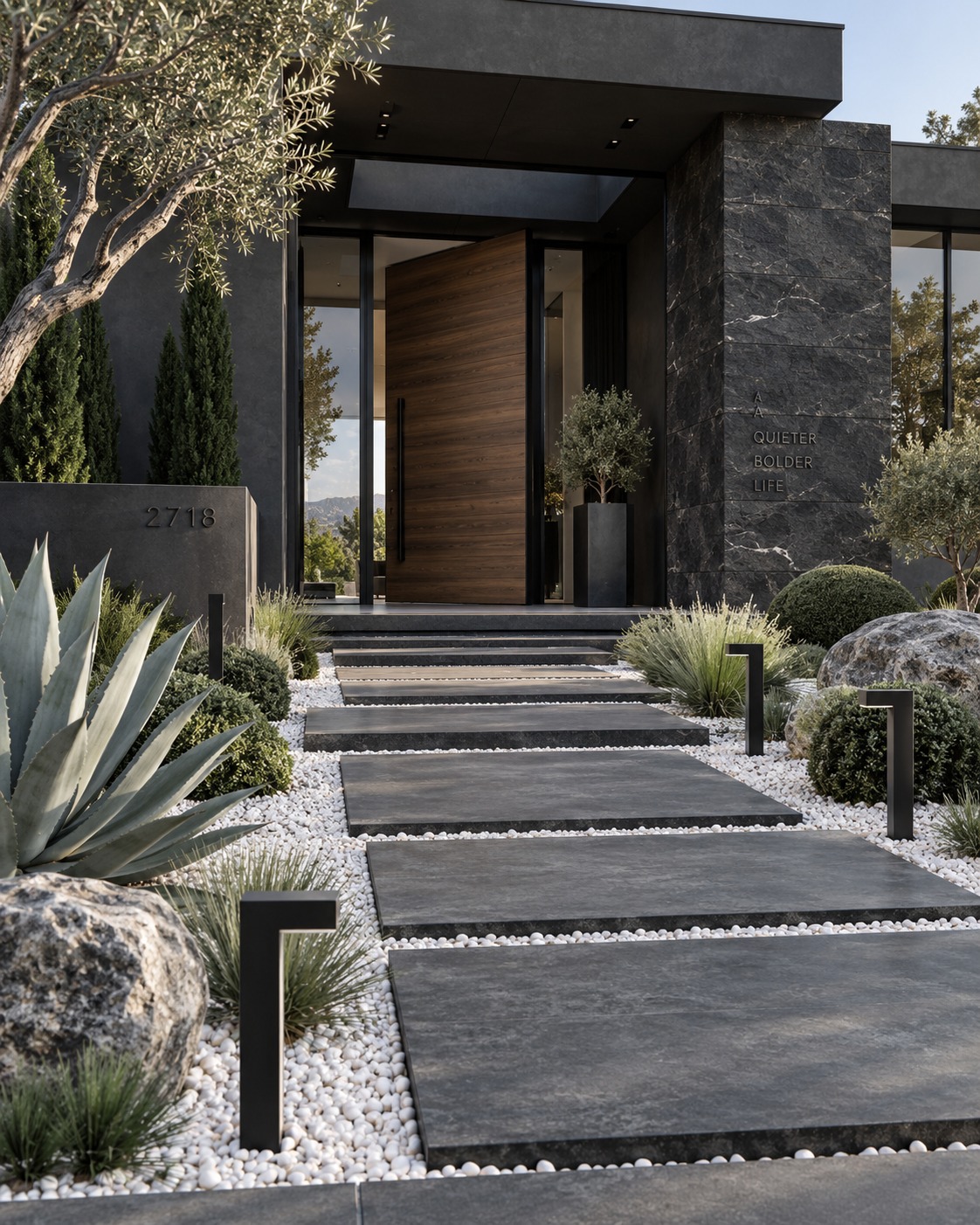Black minimalist entry with dark stone paving and agave planting
