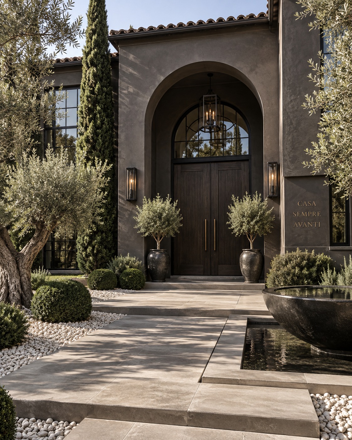Dark stucco arched entry with olive trees and a stone fountain