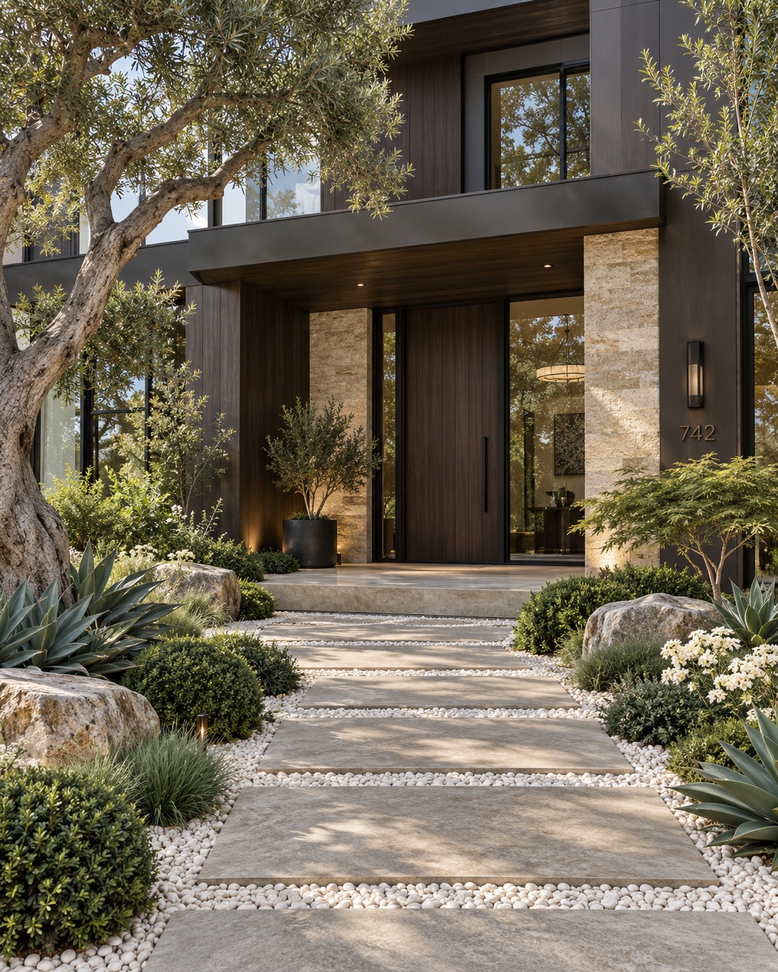 Dark wood and stone entry with layered planting and paver path