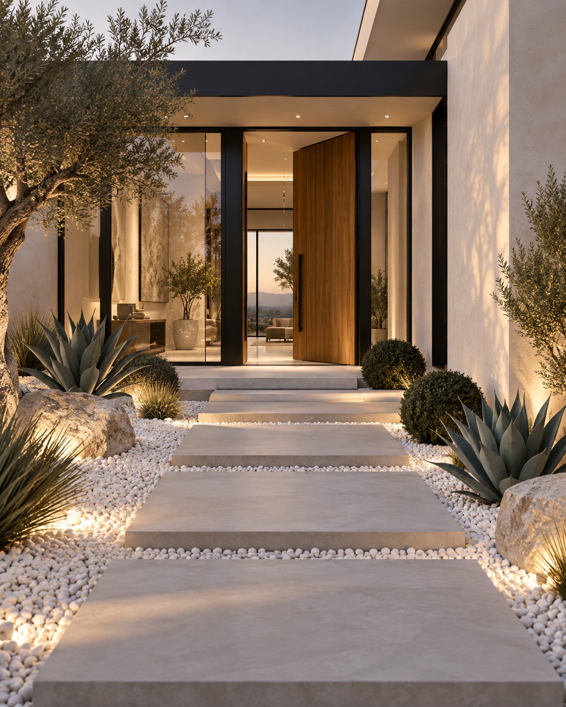 Desert modern entry with concrete pavers, agave and white gravel