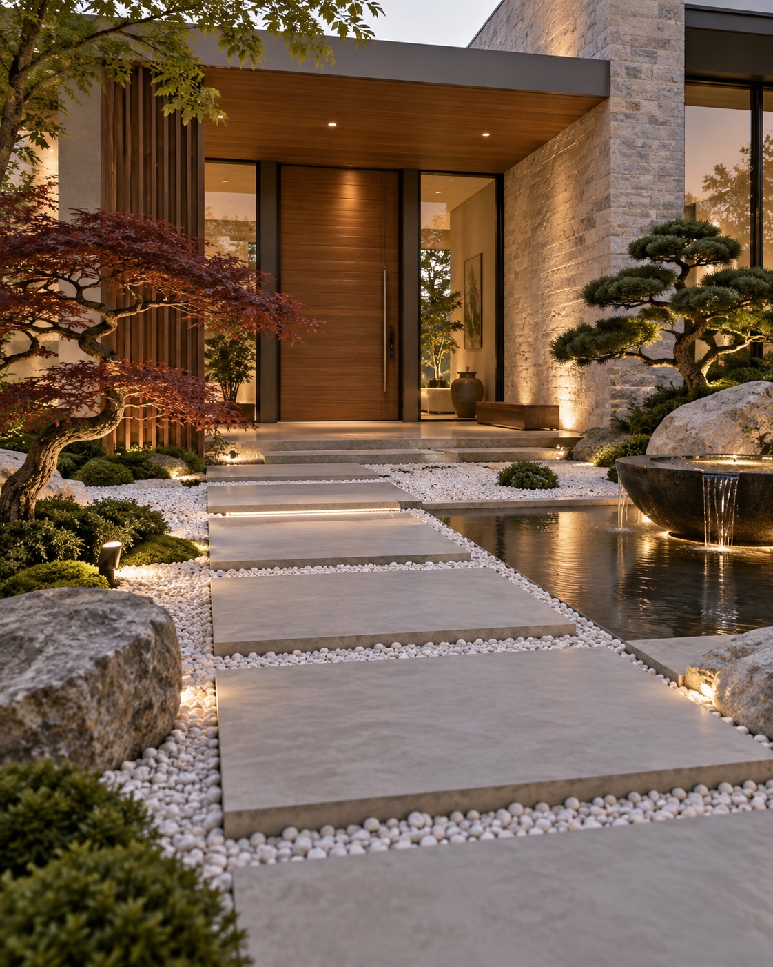 Japanese-influenced garden entry with stone pavers, pond and water feature