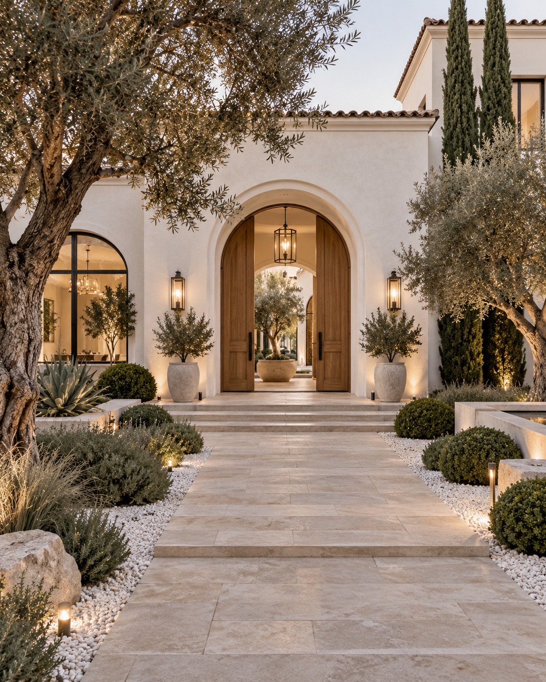 Mediterranean arched entry with olive trees and travertine paving