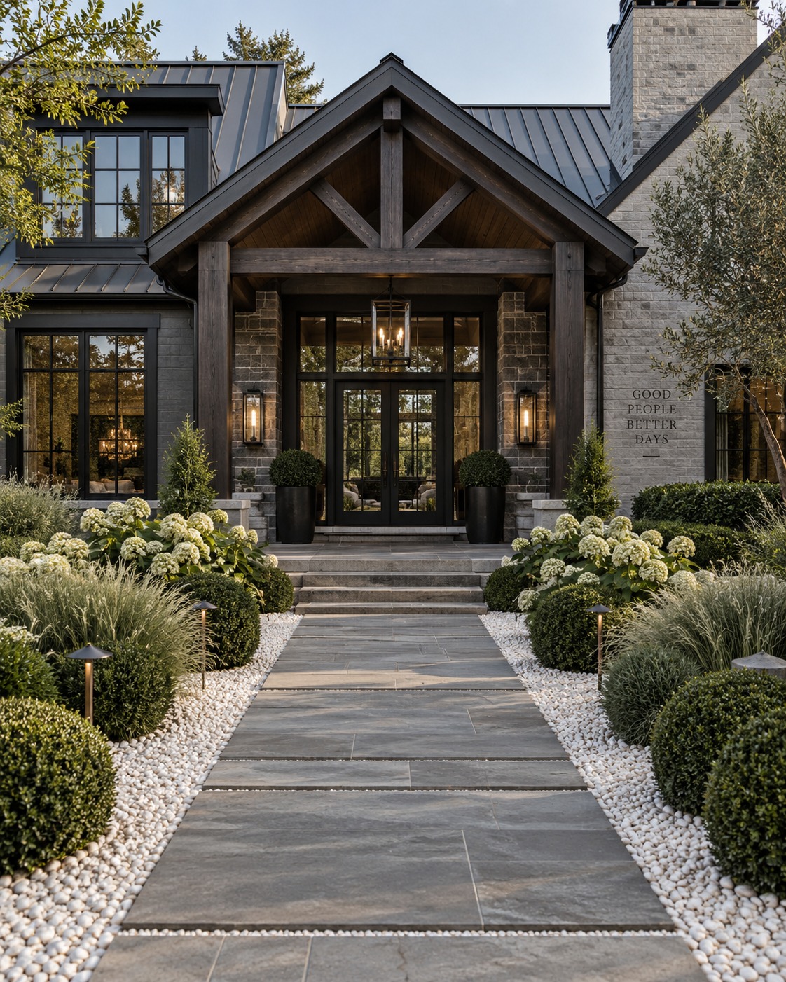 Mountain lodge entry with timber beams, stone and hydrangeas