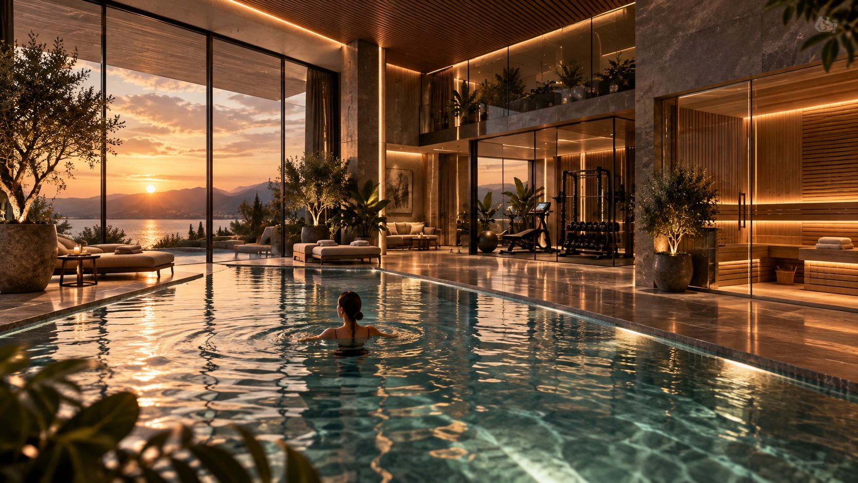 Indoor recovery pool at sunset, with home gym and sauna beyond, in a Serenova wellness residence