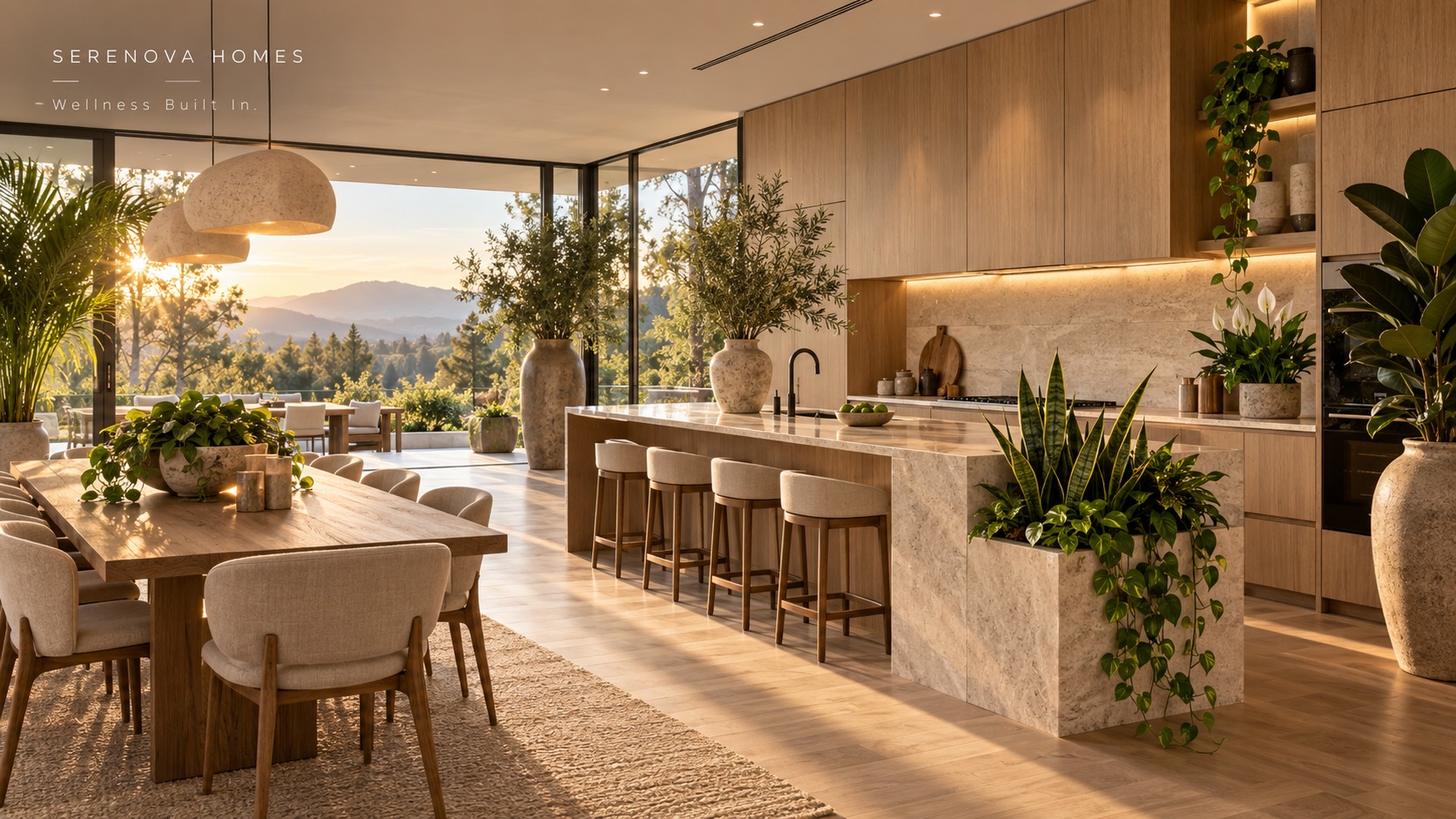 Serenova kitchen and dining space in natural stone and warm oak, filled with plants