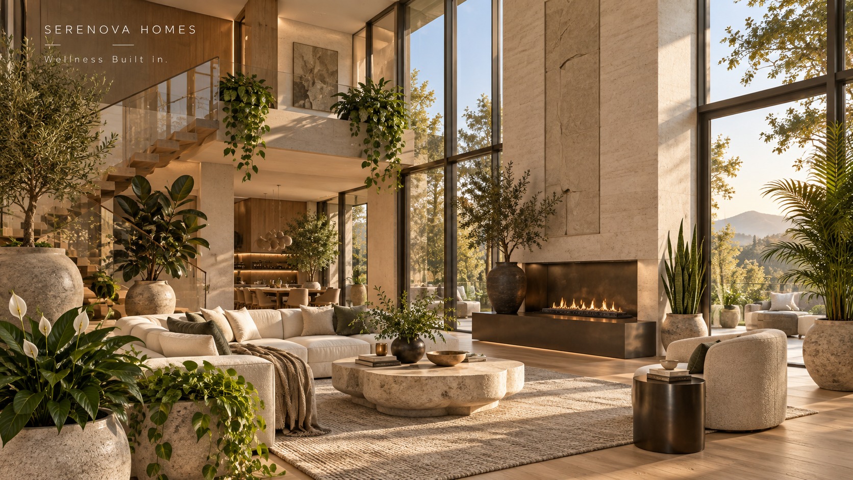 Double-height Serenova living room filled with real plants, natural stone and warm wood