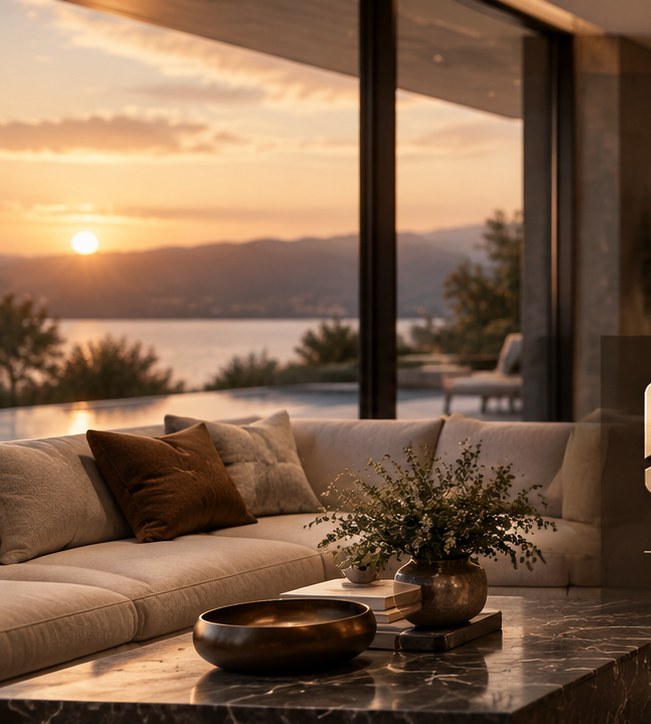 Serenova living space opening to the landscape at golden hour