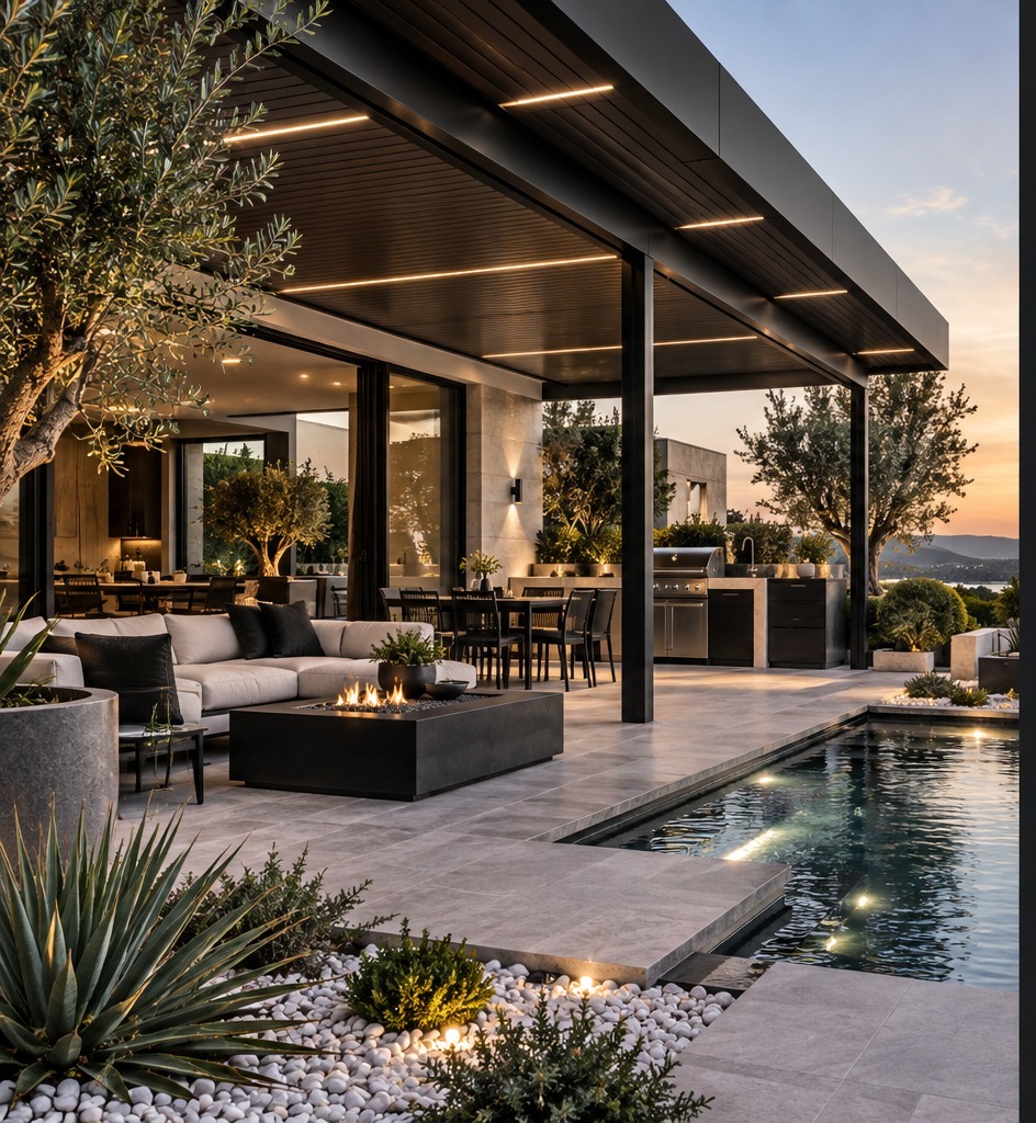 Covered outdoor living terrace with fire feature, outdoor kitchen and pool at sunset