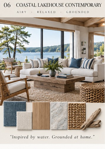 Coastal Lakehouse Contemporary style — airy, relaxed, grounded