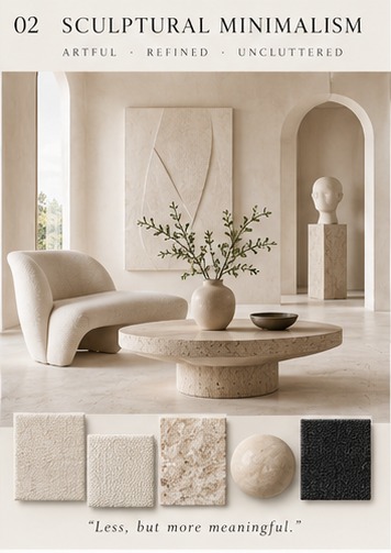 Sculptural Minimalism style — artful, refined, uncluttered