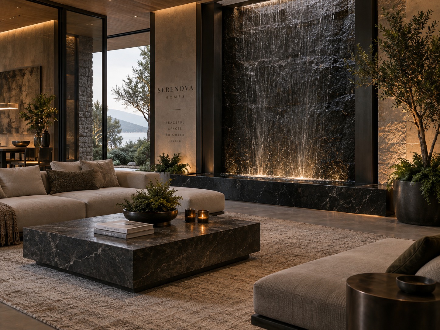 Indoor black stone waterfall wall behind the living room