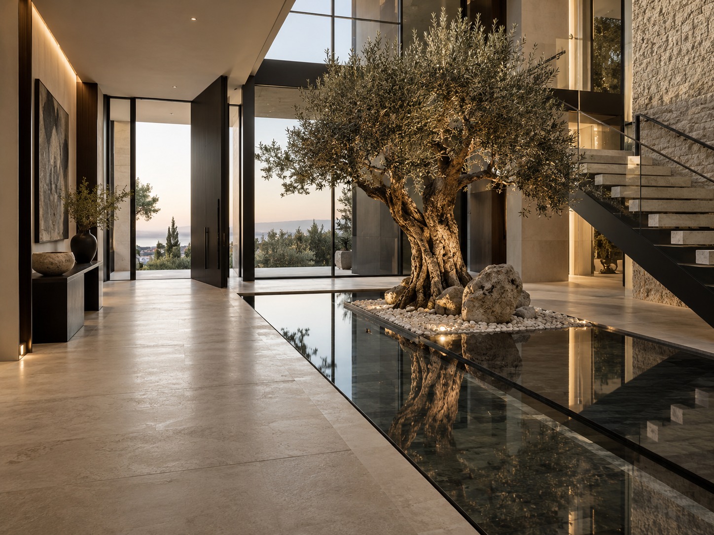 Precision-built Serenova entry with reflecting pool and staircase