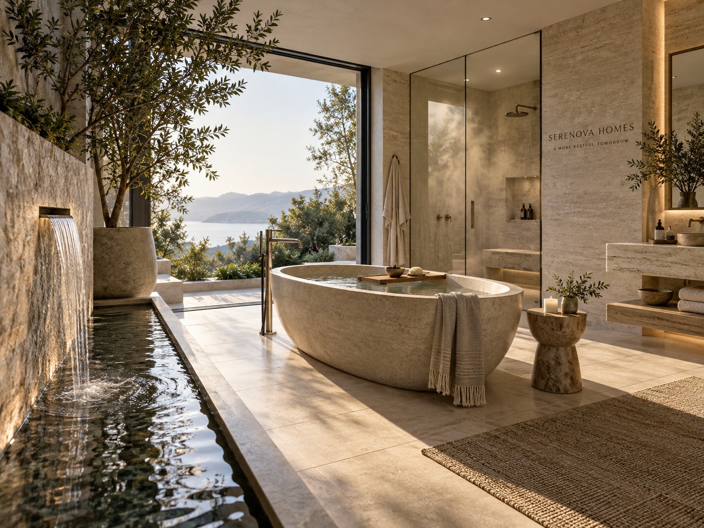 Serenova spa bathroom with soaking tub, water feature and lake view