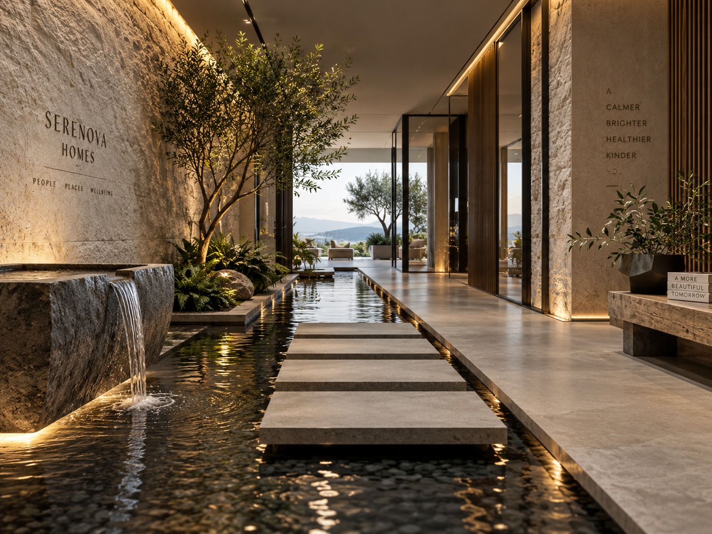 Stepping-stone pool corridor at the entry, with a stone water feature